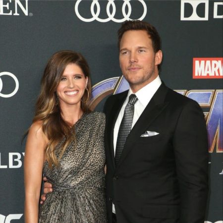 katherine and chris on the red carpet of marvel 